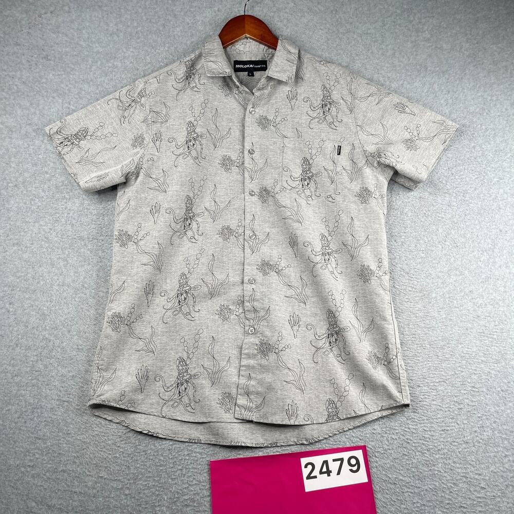 Molokai Surf Co Shirt Large Gray Octopus Nautical Button Up Short Sleeve Mens